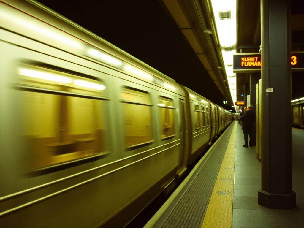 a subway train blurring past a platform at night